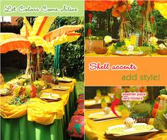 the table is set up with yellow and orange flowers, an umbrella and other decorations