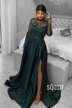 Dress Outfits Party Wedding, Emerald Green Matric Farewell Dress, Forest Green Prom Dress Long Sleeve, Pretty Prom Dresses Long Sleeve, Prom Dresses Full Sleeve, Full Sleeve Prom Dress, Emerald Green Evening Dress, Elegant Green Dresses, High Neck Evening Dress