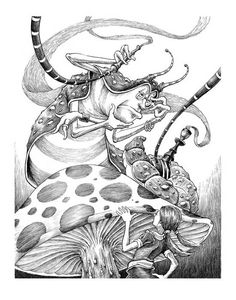 an ink drawing of two people riding on top of a mushroom and another person standing in the background