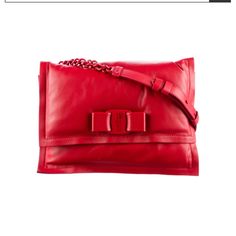 Brenda New Ferragamo Red Viva Leather Shoulder Bag. Red Calf Leather Bag With Soft Finish, Red Calf Leather Bag With Soft Texture, Elegant Red Calf Leather Shoulder Bag, Red Calf Leather Formal Shoulder Bag, Soft Calf Leather Red Bag, Formal Red Calf Leather Shoulder Bag, Luxury Red Clutch Bag, Red Calf Leather Bag With Detachable Strap, Red Calf Leather Shopping Bag