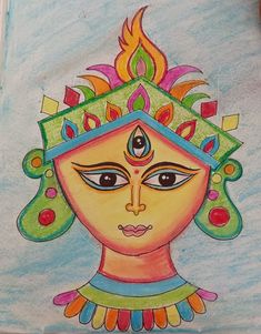 a drawing of a woman's face with colorful decorations on her head and eyes