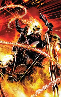 a man riding on the back of a motorcycle through a fire filled sky with chains