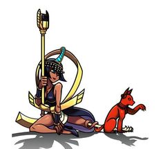 a woman sitting on the ground next to a red dog and holding a pole with an arrow in it