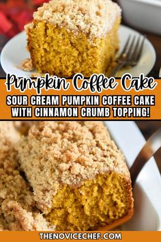 pumpkin coffee cake with cinnamon crumb toppings on a plate and in the background