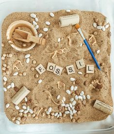 a sand tray with letters spelling fossil and shells