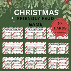 christmas themed game cards with holly branches and candy canes on the front, in red and green