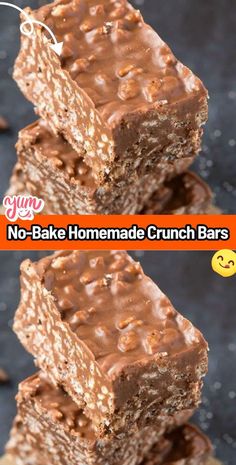 no - bake homemade crunch bars stacked on top of each other