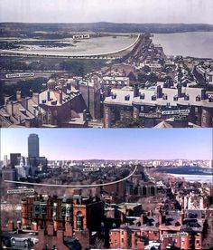 an aerial view of the city and its surrounding area, with two different views taken from each other