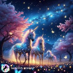 two unicorns are standing in the middle of a field with trees and butterflies around them