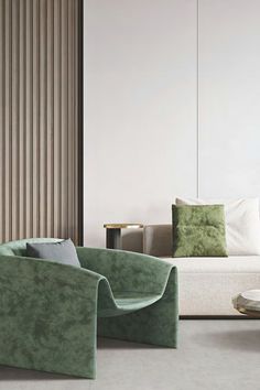 a living room with two couches and a table in front of the wall that has vertical blinds on it