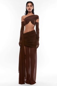 Deme By Gabriella-Brown Rouched Top And Pleated Skirt-INDIASPOPUP.COM Rouched Top, Brown Crop Top, Draped Skirt, Gathered Skirt, Skirt Top, Aza Fashion, Long Skirt, Pleated Skirt, Timeless Fashion