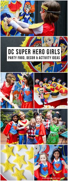 DC superhero girls party- games, activity, food, decor & costume ideas mypoppet.com.au Dc Superhero Girls Birthday, Dc Superhero Girls Party, Fun Party Food, Supergirl Party, Superhero Girls Birthday, Supergirl Birthday, Wonder Woman Birthday Party, Hero Ideas