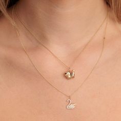 14k yellow gold and diamond swan charm. Fine 14k gold cable chain is 16" long with an extender at 18". The charm measures approximately 1/2" x 1/2". Swan Jewelry Necklace, Swan Jewelry, Swan Necklace, Gold Design, Cable Chain, Earings Piercings, Diamond Pendant, Diamond Jewelry, Gold Diamond