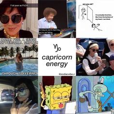 a collage of photos with cartoon characters and captions about the topic of capricorn energy