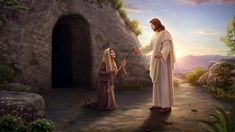 a painting of jesus talking to a woman in front of a cave with trees and rocks