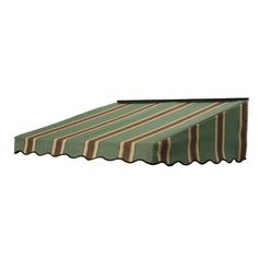 a green and brown striped awning on top of a white wall