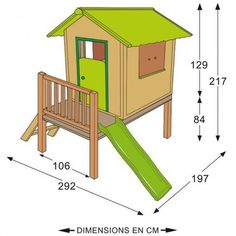 a wooden play house with a slide and green door on the outside, measurements shown below