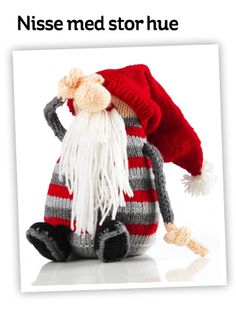 a knitted gnome with a red and gray striped hat on it's head