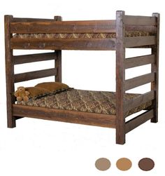 a wooden bunk bed with a teddy bear on it's side and three colors to choose from