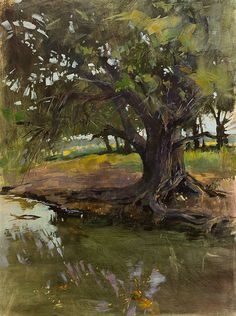 an oil painting of a tree by the water