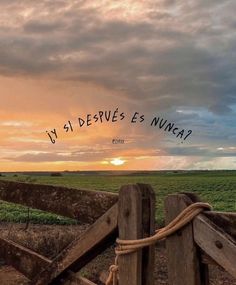 a wooden fence sitting in front of a lush green field with the sun setting behind it