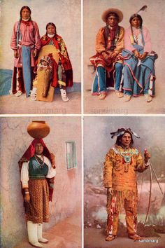 four pictures of native american people in different costumes