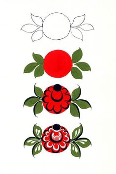 an image of three flowers on a white background with green leaves and red circles in the middle