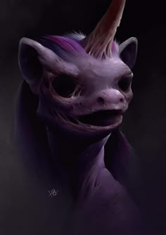 an animal with purple hair and horns on it's head, in the dark