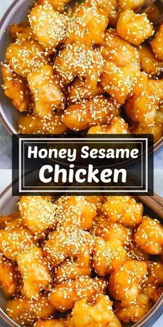 two bowls filled with honey sesame chicken on top of a white tablecloth and the words honey sesame chicken above them