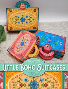 A set of 3 supercute boho folk art suitcases..perfect as trinket boxes, gift boxes and mini storage.  Check out the full video tutorial here  https://youtu.be/Pyo419u5aNQ For scale, the large box measures 8 x 11 x 3 cm (3.14 x 4.33 x 1.2 inches)  ❤ YOUR KIT CONSISTS OF ❤ All the printables you see in the photos plus a comprehensive video tutorial (copy and paste this link into your browser or direct into You Tube) https://youtu.be/Pyo419u5aNQ ❤ YOU WILL RECEIVE ❤ Pages are provided on US letter Cartonnage Boxes, Ephemera Storage, Mini Storage, Images Vintage, You Tube, Suitcases, Gift Boxes, Video Tutorial, Trinket Boxes