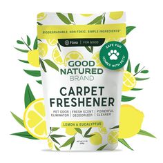 good natured brand carpet freshener with lemon and eucalyptus leaves on a white background