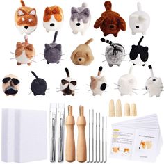 a bunch of stuffed animals are shown with sewing needles and needle tips in front of them