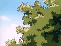 an animated image of a tree with green leaves on it's branches and the sky in the background