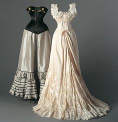 Left: Corset ca. 1895-1899, Petticoat, ca. mid 1890s     Right: Corset, c.1900  Chemise, c. 1900 Wedding Day Lingerie, Character Wardrobe, 1890s Fashion, 1800s Fashion, Amazing Dresses, 19th Century Fashion, Gilded Age