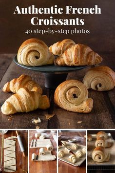 some croissants sitting on top of a wooden table next to other food items