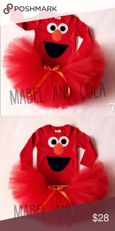 two pictures of the same red sesame costume