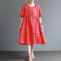 women linen dresses Spring Linen Cotton Dress In Solid Color, Cotton Midi Dress With Relaxed Fit, Casual Cotton Midi Dress In Solid Color, Casual Cotton Midi Dress Solid Color, Casual Solid Color Cotton Midi Dress, Summer Cotton Dresses With Pleated Hem, Summer Cotton Dress With Pleated Hem, Casual Pleated Linen Dress For Summer, Cotton Shift Midi Dress In Solid Color