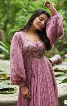 Women's dress| outfit for women and girls Pink Long Gown, Floral Long Frocks, Dress Designs For Stitching, Floral Hand Embroidery, Simple Frock Design, Long Frock Designs, Traditional Gowns, Long Gown Design, Simple Frocks