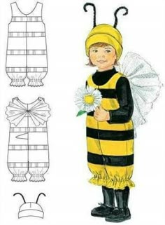 the paper doll is wearing a bee costume and holding a flower in one hand, while standing