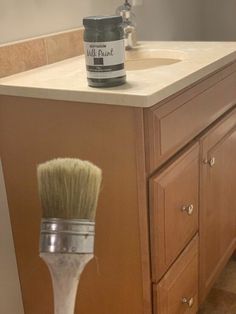 a paint brush sitting on top of a bathroom counter