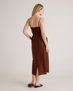 Crafted from the finest quality linen sourced from Europe, our 100% European Linen Scoop Neck Midi Dress is soft, breathable, and lightweight, making it the perfect choice for warm weather. The elegant scoop neck and midi length of the dress make it a versatile addition to any wardrobe. Whether you're dressing it up for a special occasion or keeping it casual for a day out, this dress is sure to turn heads.  | Quince | Women's 100% European Linen Scoop Neck Midi Dress in Chocolate, Size Large Summer Brown Linen Daywear Dress, Casual Linen Midi Dress For Brunch, Daywear Linen Midi Dress With Straight Neckline, Solid Linen Dress For Vacation, Linen Midi Dress With Straight Neckline For Daywear, Brown Linen Dress For The Beach, Straight Neckline Linen Midi Dress For Daywear, Casual Linen Dress For Brunch, Casual Brown Linen Midi Dress