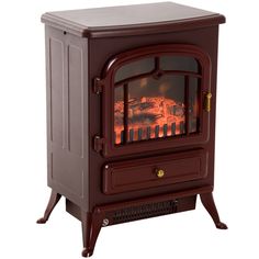 an electric stove with the door open and flames on it's sides, sitting in front of a white background