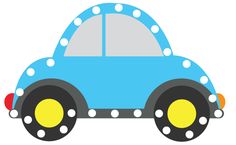 a blue car with polka dots on it's tires is cut out from paper