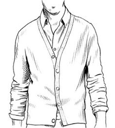 a black and white drawing of a man wearing a cardigan sweater with his hands in his pockets