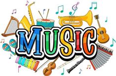 the word music surrounded by musical instruments and musical notes on a white background with rainbow colors