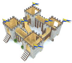 Four tower fortress play-set, connected with bridges and gang planks Castle Playhouse Plans, Fort Plans, Playset Plans, Castle Playhouse, Backyard Fort, Play Fort, Fun Backyard, Playhouse Plans, Tree House Plans