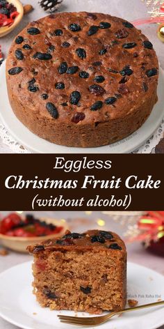 eggless christmas fruit cake without alcohol on a plate with a slice cut from it