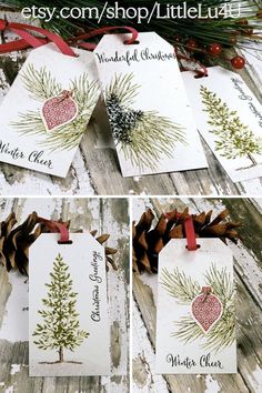 four christmas tags with pine cones and evergreens on them