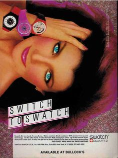 an advertisement for swatch watches with a woman's face and clock on her wrist