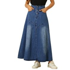 Allegra K Casual Denim Skirt for Women's High Waisted A-Line Flared Maxi Skirts Washed Denim High Waist Button Front A-Line Flared Maxi Length Regular Fit This casual skirt, designed with high waist and flare design, adds a touch of fashion to your wardrobe. The washed denim fabric and a maxi design are a great highlight, full of a sense of detail and design. This skirt is easily paired with any leisure tops for a casual and_ vintage look. Size----------Total Length----------Waist Girth XS------ Womens Suede Skirt, Casual Denim Skirt, Flare Maxi Skirt, Maxi Design, Womens Denim Skirts, Distressed Skirt, Denim Skirt Women, Denim Maxi Skirt, Suede Skirt